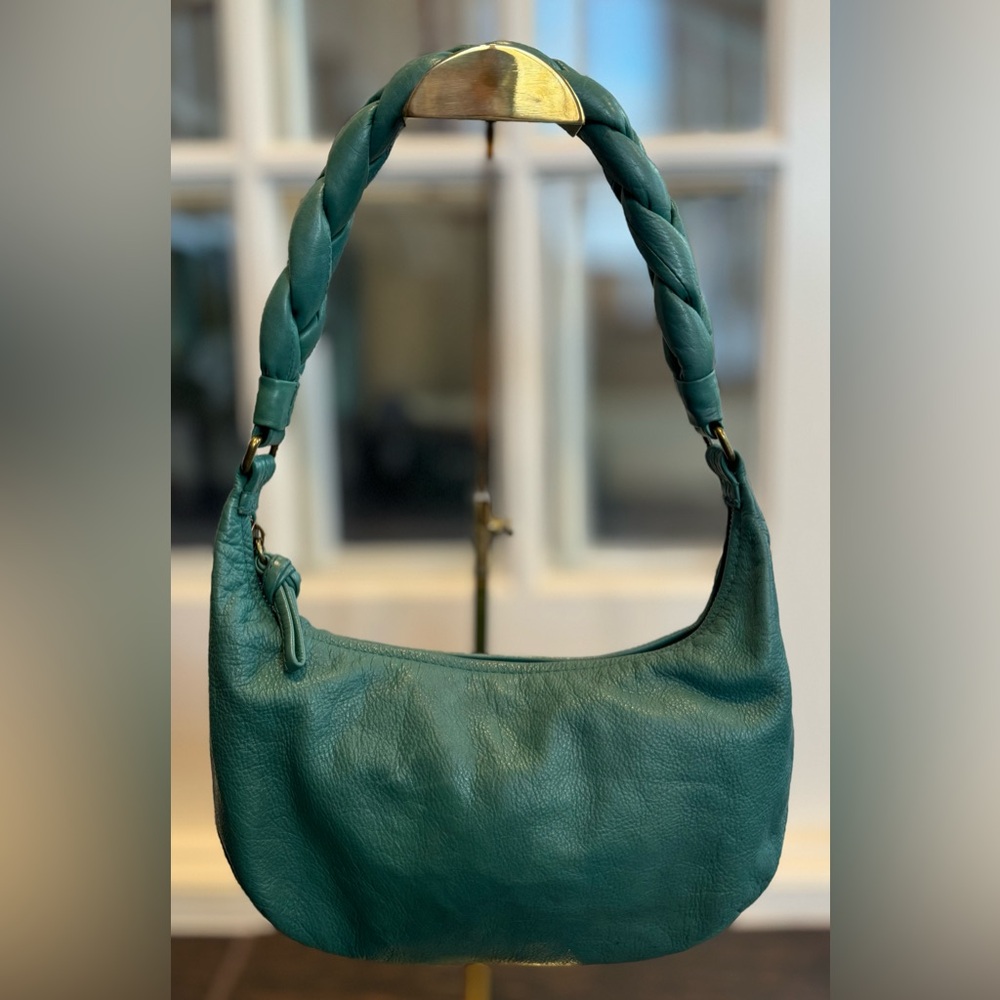 SOLD Madewell The Piazza Slouch Bag, Braided Edition; Teal Leather Shoulder Bag
